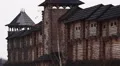 Part of the old wooden fortress in autumn. Medieval ancient castle with towers HD Footage