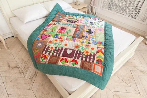 Part of patchwork quilt as background. Handmade Stock Photos