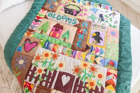 Part of patchwork quilt as background. Handmade Stock Photos
