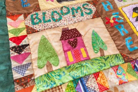 Part of patchwork quilt as background. Handmade Stock Photos