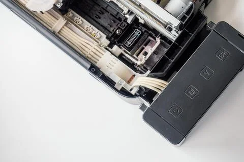 Part of printer on light background. View from top. Background. Service for r Stock Photos