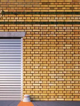 Part of roller shutter and brick slip cladding of an old factory, 3D Rendering Stock Illustration