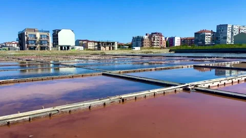 The part of the salt lake where salt is extracted is divided into sections. Stock Footage 252170803