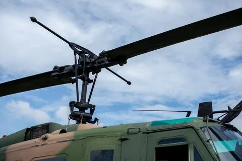 Part of the side propeller a closeup of the old military helicopter against.. Stock Photos