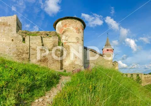 Part of southern side of medieval Kamianets-Podilskyi fortress, Ukraine Stock Photos
