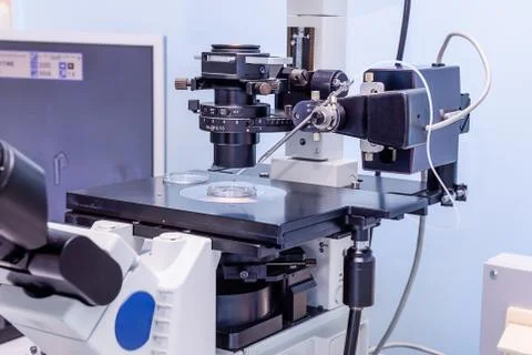 Part of stereo laboratory microscope for examining a sperm sample using a sys Stock Photos