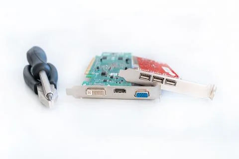 Part of the system unit, usb bar and video card on an isolated background Stock Photos