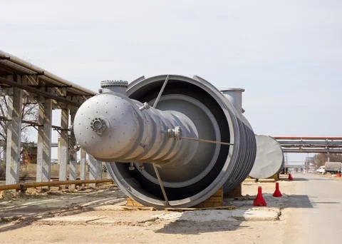Part of the technological column at the refinery for the production of light  Stock Photos