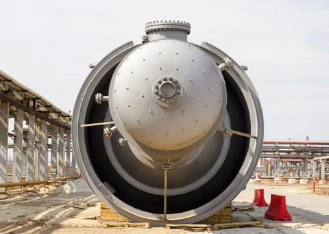 Part of the technological column at the refinery for the production of light  Stock Photos