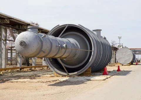 Part of the technological column at the refinery for the production of light  Stock Photos