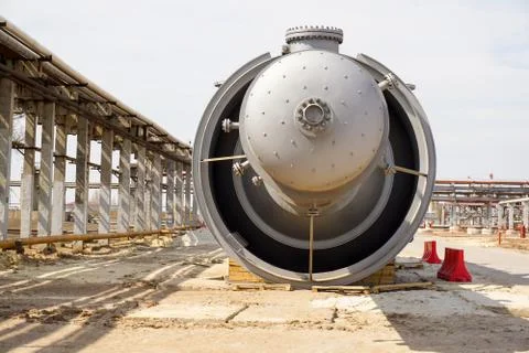 Part of the technological column at the refinery for the production of light  Stock Photos