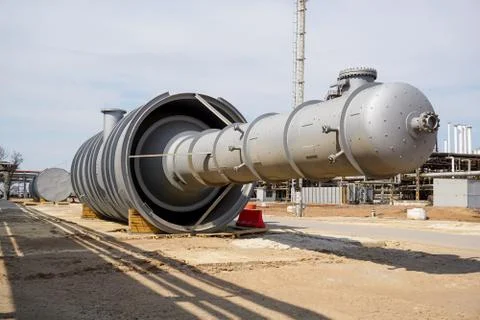 Part of the technological column at the refinery for the production of light  Stock Photos