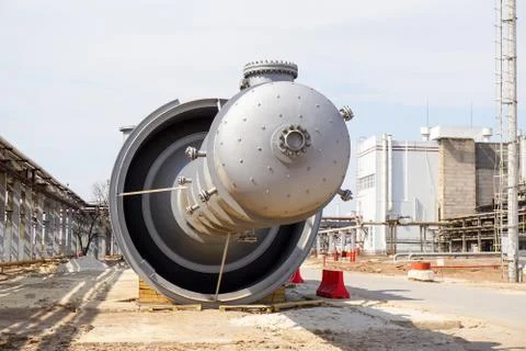Part of the technological column at the refinery for the production of light  Stock Photos