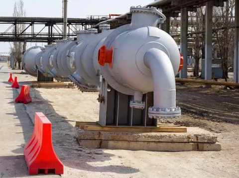 Part of the technological column at the refinery for the production of light  Stock Photos