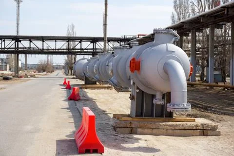 Part of the technological column at the refinery for the production of light  Stock Photos