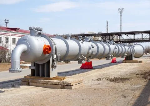 Part of the technological column at the refinery for the production of light  Stock Photos