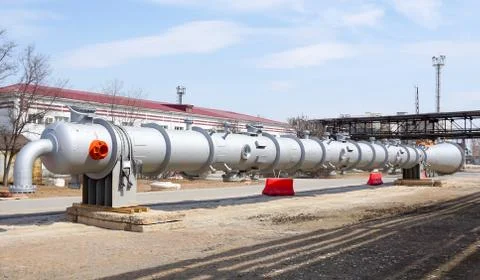 Part of the technological column at the refinery for the production of light  Stock Photos