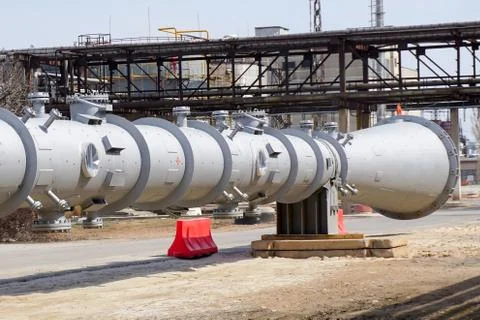 Part of the technological column at the refinery for the production of light  Stock Photos