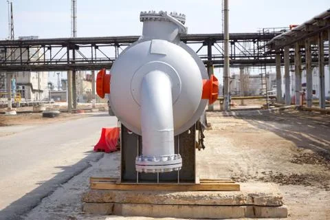 Part of the technological column at the refinery for the production of light  Stock Photos
