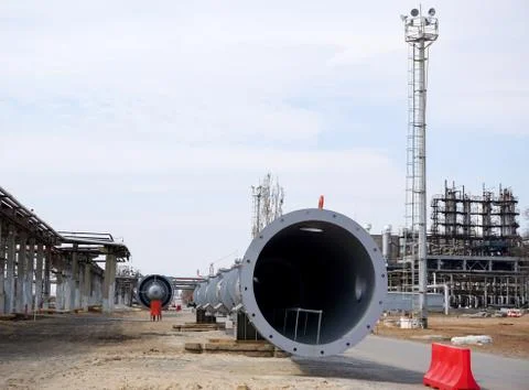 Part of the technological column at the refinery for the production of light  Stock Photos