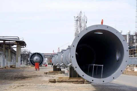 Part of the technological column at the refinery for the production of light  Stock Photos