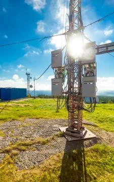 The part of telecommunication tower  with installed communications equipment Stock Photos