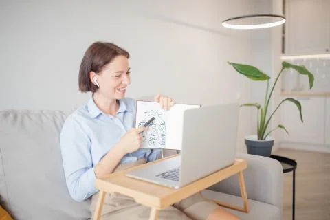Part-time student online learning English through Internet laptop. Teaching Stock Photos