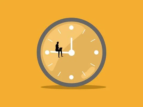 Part time workers, overtime work, businessman using laptop on clock Illustrazione stock