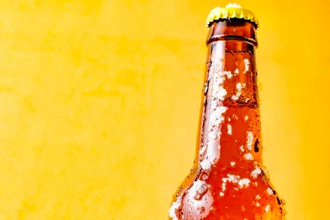 Part of a very cold beer bottle with ice. Stock Photos