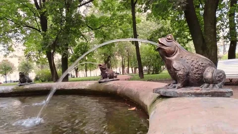 The part view of one of the fountains a frog blowing a water jet Stock Footage 160367647