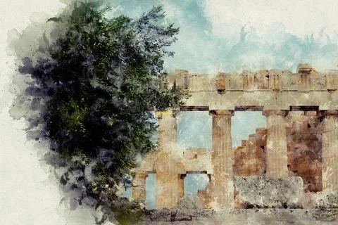 Parthenon against the background of the cloudy sky in the Acropolis. Athens Stock Illustration