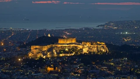 Parthenon of Athens at dusk time, Greece. Zoom out shot Stock-Footage 97934026