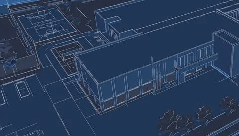 Partial 3d illustration of a school building campus. Ilustración de archivo