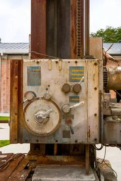 Partial close-up of mottled control panel of old machine tool 库存照片
