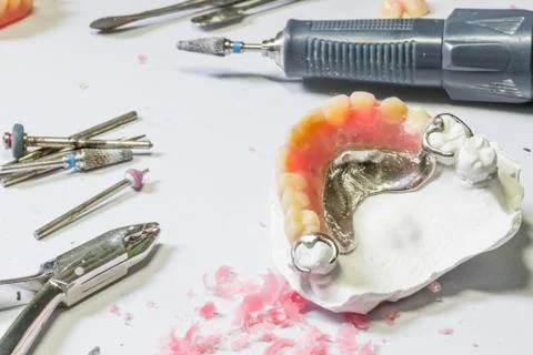 Partial denture with tool on table of dental technician workplace. Foto stock