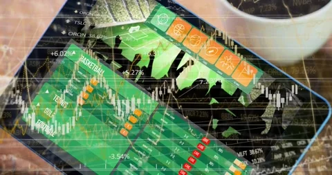 Partial hand tilting tablet, moving candlestick chart and updating live sports Stock Footage 331045404