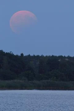 Partial lunar eclipse Middle Elbe Biosphere Reserve Saxony Anhalt Germany Stock Photos