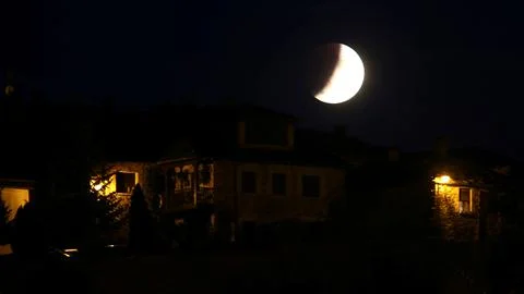 Partial lunar eclipse in Spain, Puebla De Sanabria - 16 Jul 2019 Stock Photos