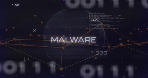 Partial MAL letters fading into MALWARE while 3D sphere rotating, nodes pulsing Stock Footage 318194341