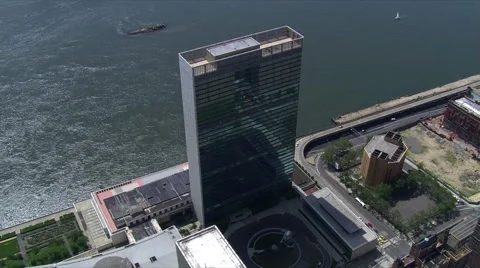 Partial orbit of UN Building, looking toward East River. Shot in 2006. Stock Footage 59522407
