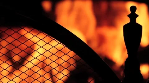 Partial Screen Grate in Front  of Fireplace Wood Logs Burning Fire Flames Red Stock Footage 957113