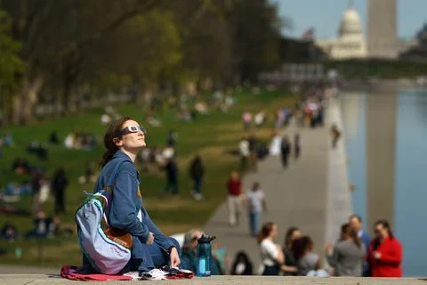 Partial solar eclipse (89%) in Washington, DC, Usa - 08 Apr 2024 Stock Photos