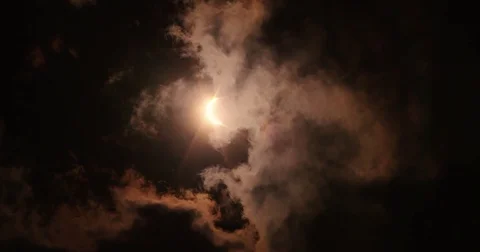 Partial Solar Eclipse with Clouds and Orange Flare Stock Footage 80834063