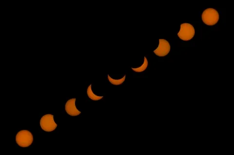 Partial solar eclipse, collage on a black background. Stock Photos