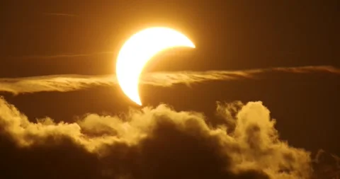 Partial Solar eclipse during a sunset on 12th of August 2026 in Europe Stock Footage 342078843