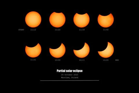 Partial solar eclipse, gradual phases of the moon's shift up to its maximum.. Stock Photos