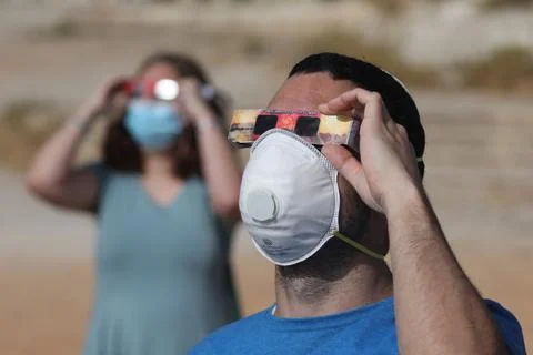 Partial solar eclipse seen from Israel, Jerusalem - 21 Jun 2020 Stock Photos