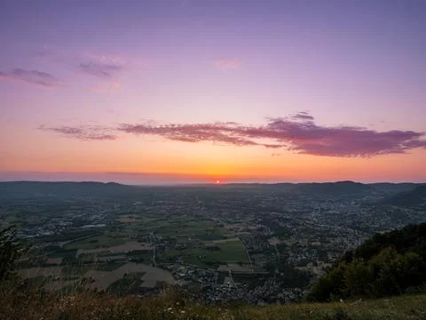 Partial Solar Eclipse Sunset Over Bievre Plain In France 스톡 사진