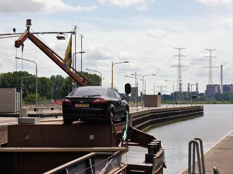Partial view of the bow area of the inland cargo ship Stock Photos