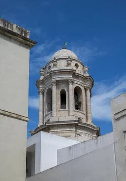Partial view of Cadiz Cathedral Clock Tower Stock Photos
